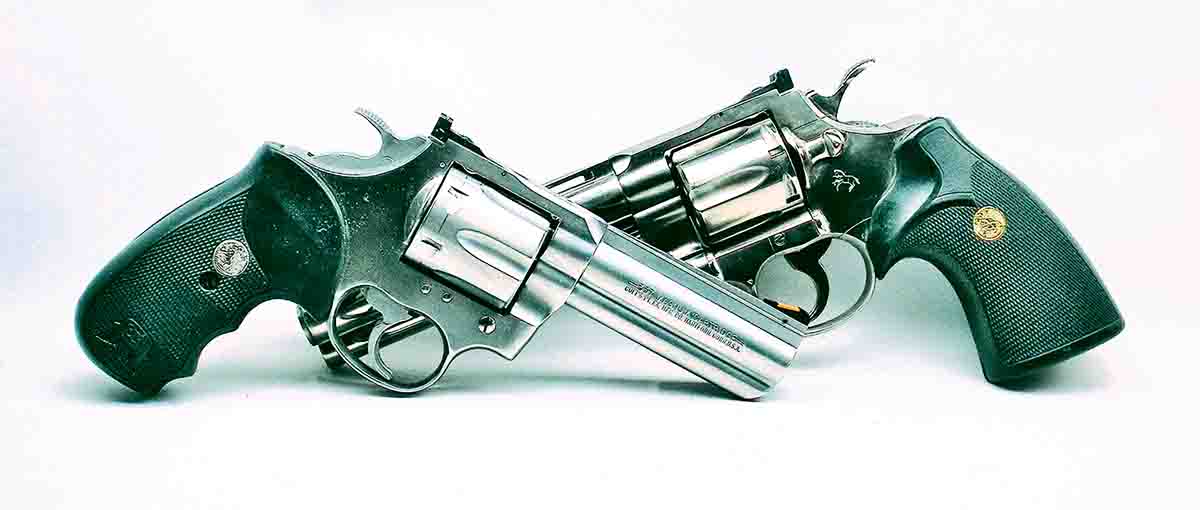 The Colt stainless King Cobra (left) with a 4-inch barrel and Python (right) with a 6-inch barrel are typical of those used by state troopers and sheriff departments prior to the glut of semiautomatics in the 1990s.